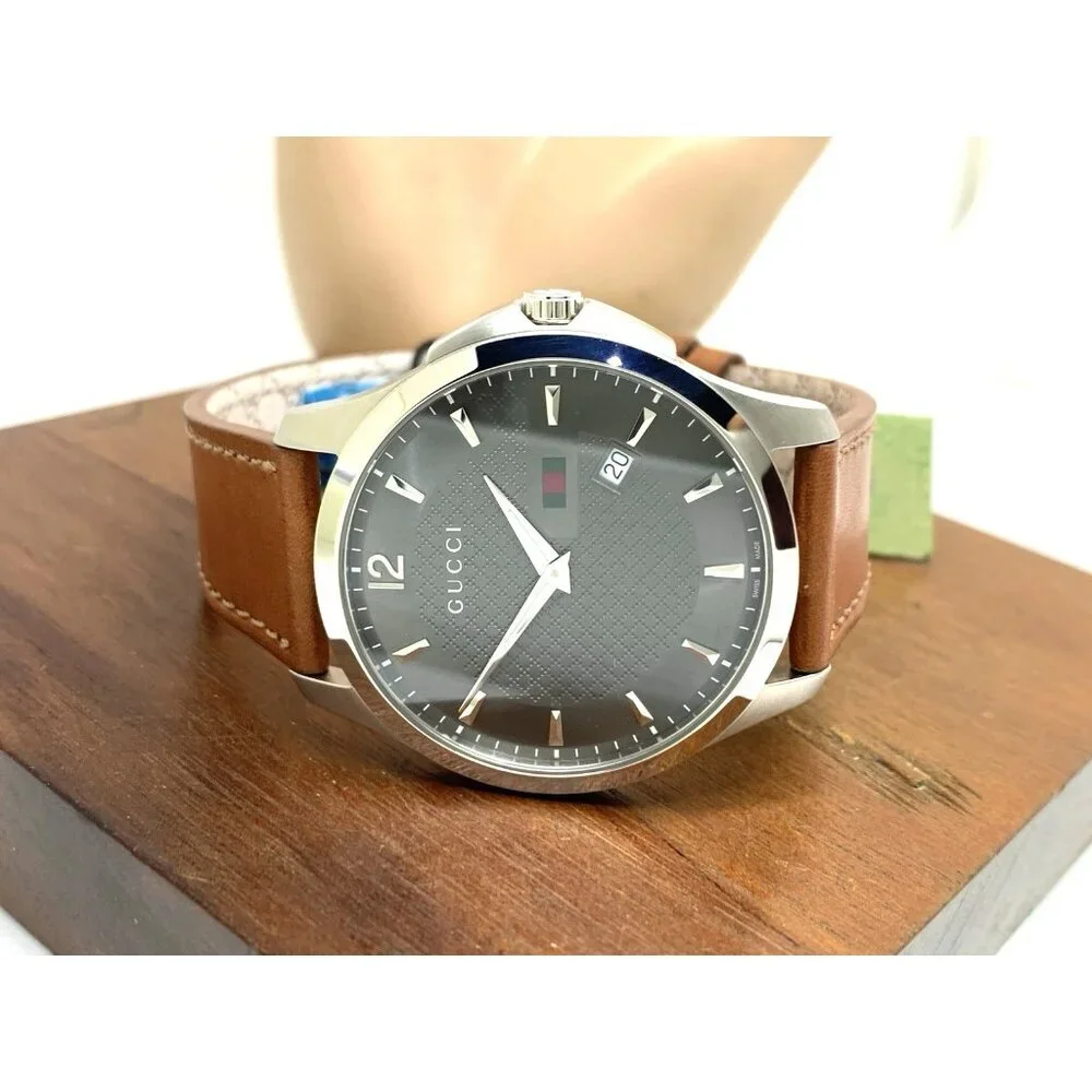 Gucci Men's Watch YA126302 G-Timeless Swiss Quartz Gray Dial Brown Leather 40mm